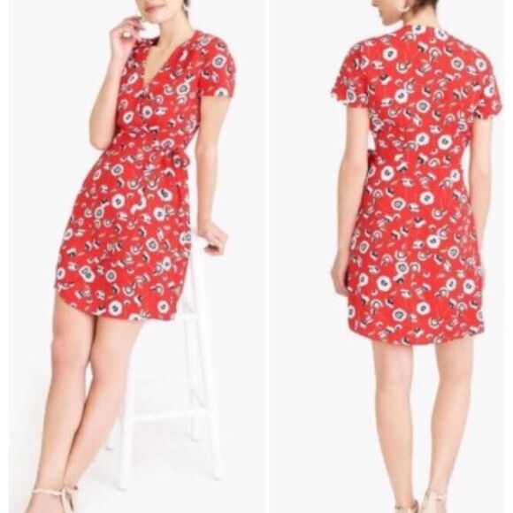 J Crew Wrap Dress Womens 2 Red White Floral V Neck Short Flirty Tie Colorful - Picture 4 of 13